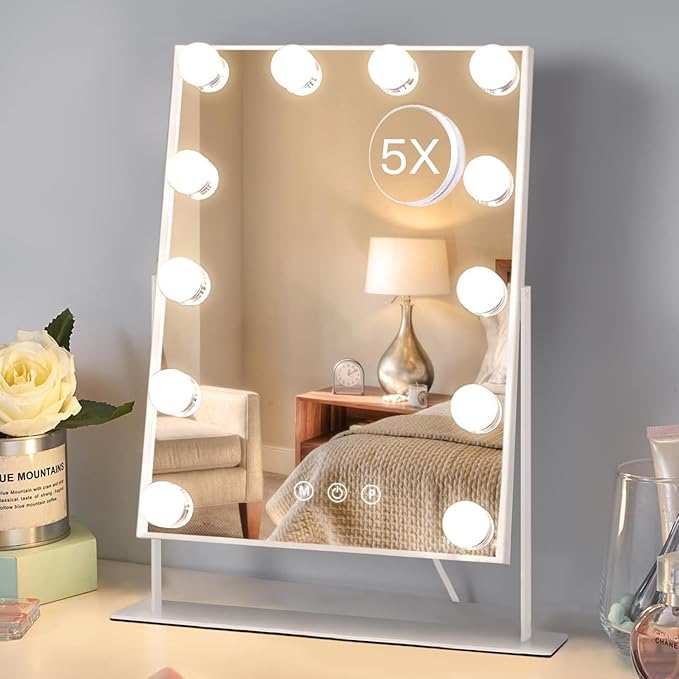 HIEEY Hollywood Vanity Mirror with 12 Dimmable Bulbs Lights, Three Color Lighting Modes, and 5X Magnification, Smart Touch Control, 360°Rotation (White,Gift Box)