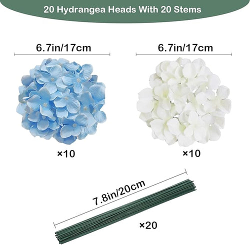 20 Pcs Blue and White Hydrangea Artificial Flowers Bulk, Faux Hydrangea Flowers Heads, Artificial Fake Silk Hydrangea Flowers with Stems, White Flowers Artificial for Decoration Wedding Décor