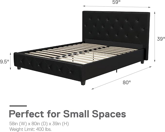 DHP Dakota Upholstered Platform Bed with Diamond Button Tufted Headboard and Footboard, No Box Spring Needed, Full, Black Faux Leather