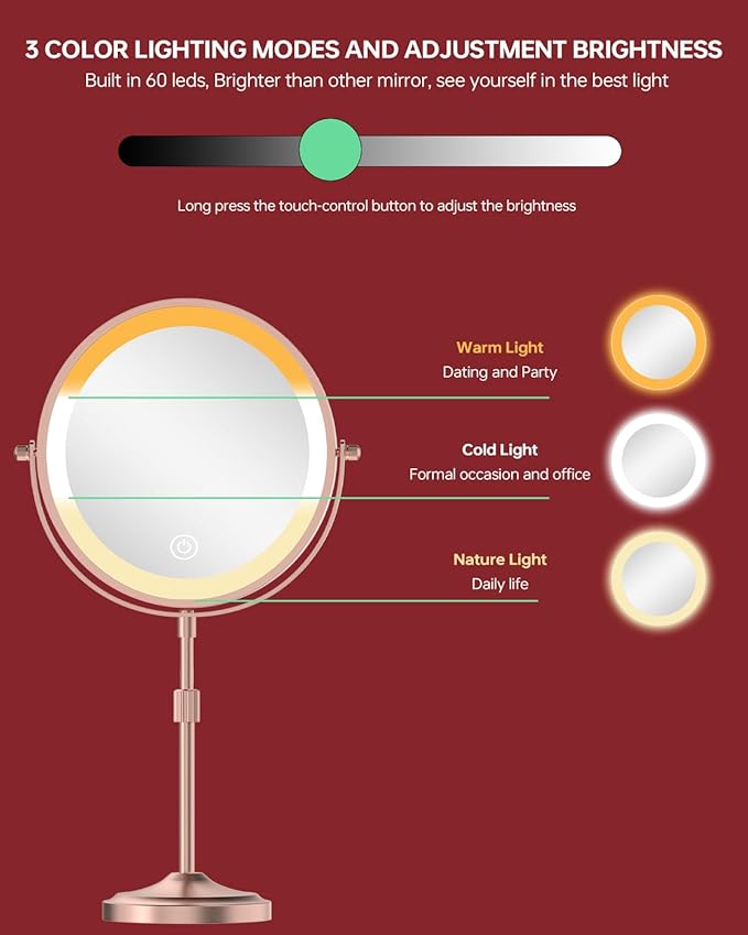 9" Lighted Makeup Mirror with 1X 10x Magnification, 5000mAh Rechargeable Led Magnifying Vanity Mirror with Lights, 3 Lighting Color, Dimmable and Height Adjustable Cordless Cosmetic Mirror Rose Gold