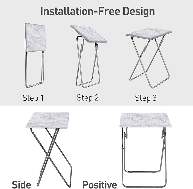 Garden 4 You TV Tray Table, Folding Dinner Tray With No Assembly Required, Sturdy Foldable Snack Eating Table for Living Room, 2PCS (White Marble)
