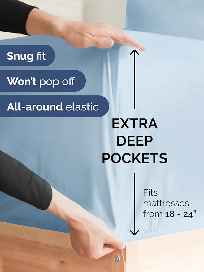 Extra Deep Split King Sheet Set - 7 Piece Breathable and Cooling Sheets - Hotel Luxury Bed Sheets Set - Easy Fit - Soft, Wrinkle Free and Comfy Sheets Set - Sky Blue Sheet Set with Extra Deep Pockets