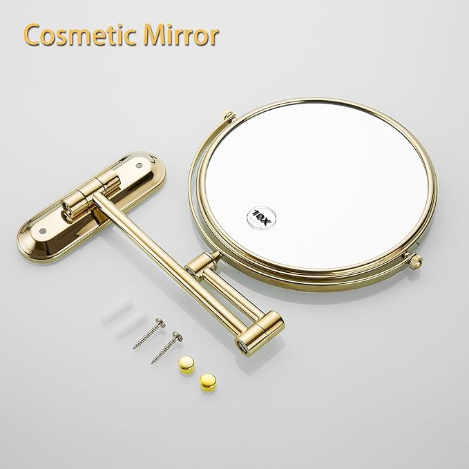 Gold 1x10x Magnifying Double Sided Bathroom Mirror 360 Degree Swivel Makeup Mirror Adjustable Extension Arm Wall Mount 8 Inch Non-Illuminated Beauty Mirror Shaving Mirror (Oval Base)