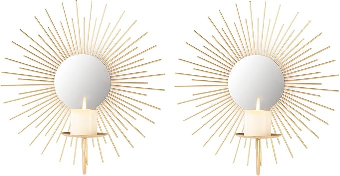 AIM & GGKK Wall Candle Sconce Holder,Set of 2 Mirror Wall Mounted Metal Candle Holder for Home,Living Room, Dining Room,Rustic Farmhouse Boho Decorations