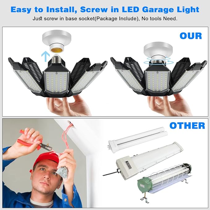 Garage Lighting - 80000LM Super Bright 6500K Garage Lights Ceiling Led w/ 8 Deformable Panels Compatible for E26/E27 Screw in Garage Light Bulb for Shops Barn Basement Attic - 4Pack