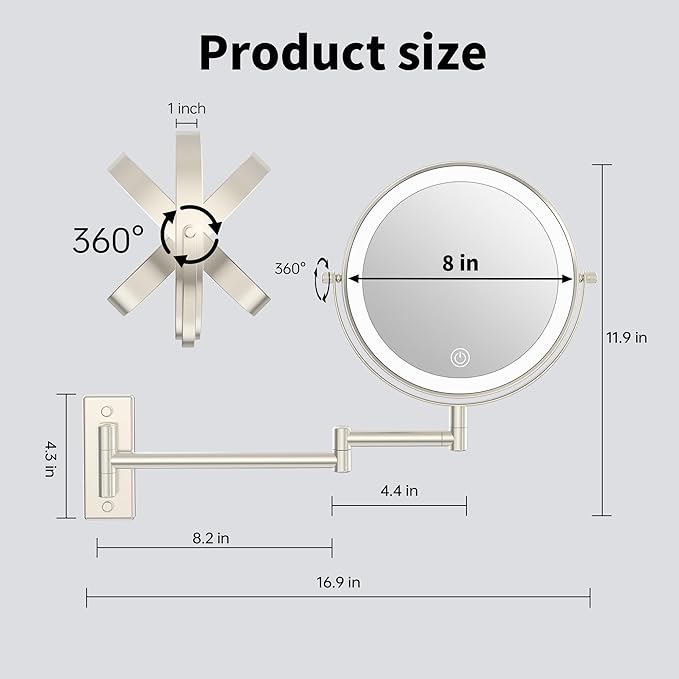 Rechargeable Lighted Makeup Mirror, 10x Magnifying Mirror, 3 Color Lights, Touch Screen Dimming, 360° Extendable Arm Wall Mounted Mirror for Bathroom Shaving (Brushed Nickel)