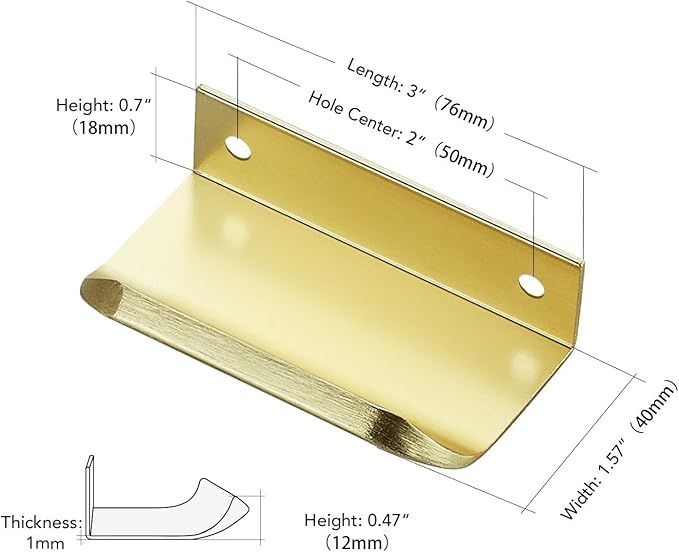 Ravinte Hardware 8 Pack Gold Cabinet Handles, 3 Inch (76mm) Finger Edge Pulls, 2 Inch Hole Center, Finger Pulls for Cabinets