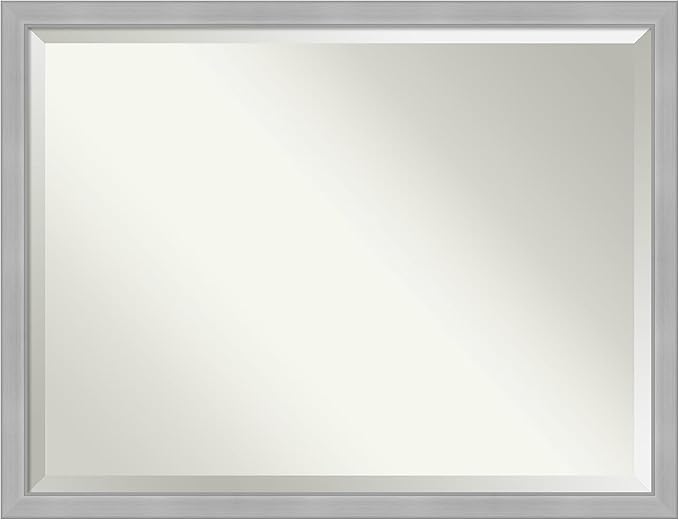Amanti Art Silver Bathroom Mirror for Over Sink, 33x43 Vista Brushed Nickel Narrow Rectangle Vanity Mirror, X-Large Casual Frame, Hangs Horizonally and Vertically, Bathroom Wall Decor, Beveled Edge