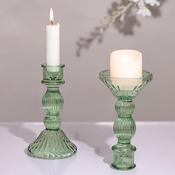 DARJEN 2 Pcs Green Candlestick Holders - Vertical Stripe Glass Candle Holders for Taper and Votive Candles, Taper Candle Holder for Home, Wedding, Decor & Table Centerpieces