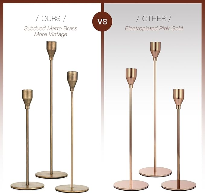 Brass Taper Candle Holders: Set of 6 Tall Candlestick Holder for Table Centerpiece Metal Gold Candles Stick Holders Candle Stand Brushed Wedding Decor
