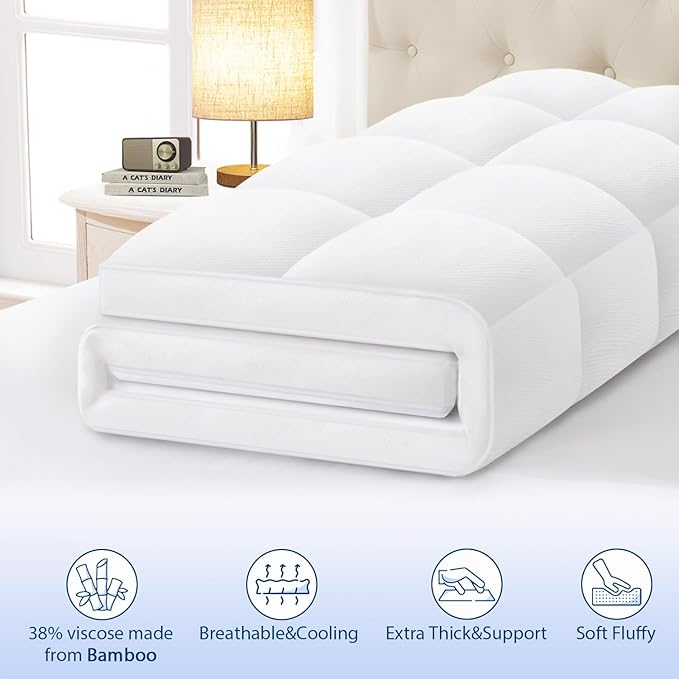ELEMUSE Twin Cooling Bamboo Viscose Mattress Topper for Back Pain, Extra Thick Mattress Pad Cover, Plush Soft Pillowtop with Elastic Deep Pocket, Overfilled Down Alternative Filling