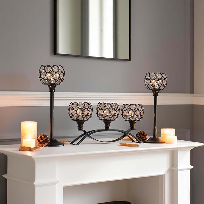 Crystal Tealight Candle Holder Centerpiece Home Decorative Candlestick Holder Elegant Table Centerpiece Home Decor Wedding Party Anniversary (Black, Set of 3)