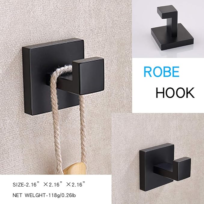 TASTOS Bath Towel Hooks Matte Black, 4 Pack Stainless Steel Robe Coat and Clothes Hook, Heavy Duty Wall Hook for Bathroom & Kitchen, Modern Square Style Wall Mounted