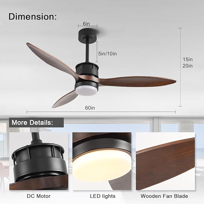 BOJUE Ceiling Fans with Lights, 60 Inch Black Ceiling Fan with Remote Control, 3 Wood Fan Walnut Blades, Modern Fan Lights for Farmhouse Living Room/Bedroom/Study