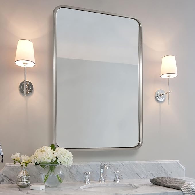 ANDY STAR 24x32 INCH Brushed Nickel Mirror, Rounded Rectangle Silver Metal Framed Mirrors for Bathroom Anti-Rust SUS304, Tube Metal Frame, 1’’ Deep Wall Mounted Vertically/Horizontal