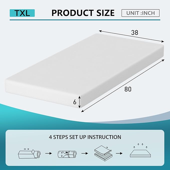 BestMassage | 6 Inch Twin XL Mattress | Gel Memory Foam | Medium Firm Feel | White | Bed in a Box, CertiPUR-US Certified | Pressure Relief, Cooling Ventilated Foam | Breathable Knit Cover