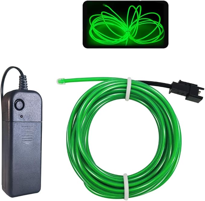 MaxLax EL Wire Green, 16.4ft/5m Portable Battery Pack Neon Light Strip 360° Cuttable Glowing Rope Lights for Parties, Halloween, DIY Decoration