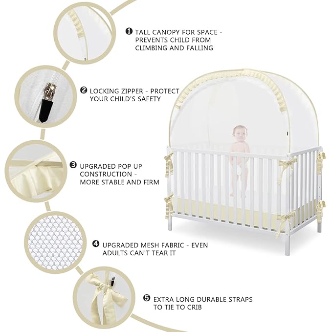 Baby Safety Crib Tent, Pop Up Canopy for Crib to Stop Baby from Climbing Out, Infant Mesh Cover Mosquito Net with Sturdy Frame & Soft Mesh, Beige, (R07-beige)