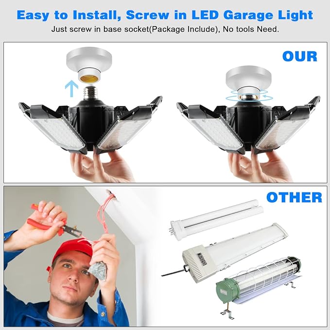 Garage Lights - 2Pack Super Bright 32000LM LED Garage Ceiling Light 6500K LED Shop Light w/ 6 Deformable Panels Screw in E26/E27 Socket Light Bulbs for Workshop Storage Warehouse Attic