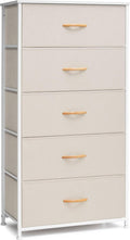 Crestlive Products Vertical Dresser Storage Tower - Sturdy Steel Frame, Wood Top, Easy Pull Fabric Bins - Wide Organizer Unit for Bedroom, Hallway, Entryway, Closets - 5 Drawers(Beige)