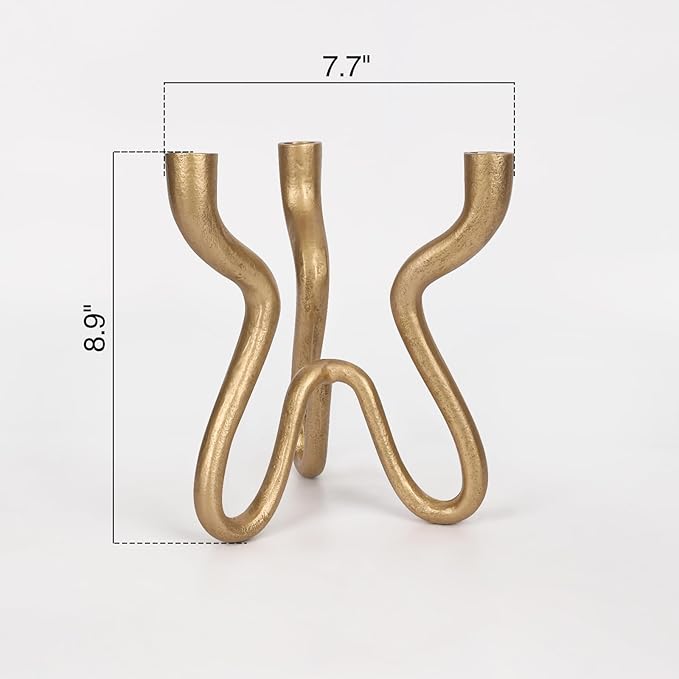 Triple Candle Holder Candelabra - Cast Iron Metal Taper Candlestick Stand with Antique Brass Finish - Elegant Wedding Centerpiece for Home, Dining, Event Decor