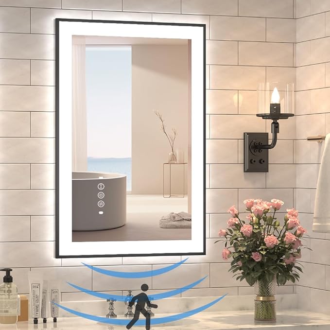 24 x 36 Inch LED Bathroom Mirror with Black Frame, Lighted Bathroom Mirrors for Vanity with Super Bright Front Light + Backlit, Anti-Fog, 3 Colors Stepless Dimmable Motion Sensor Smart Restroom Mirror