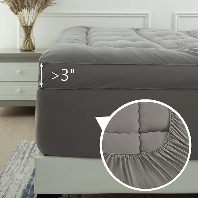 Marine Moon Mattress Topper Queen, Marine Moon Cooling Bed Topper Cover, Thick Soft Pillow Top Mattress Pad, Plush Hotel Down Alternative Mattress Topper with 8-21" Deep Pocket, Grey