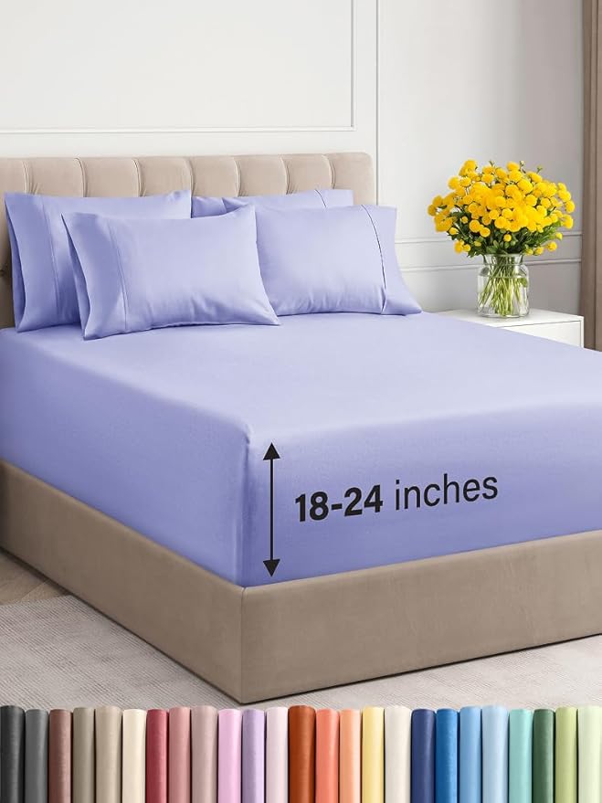 Extra Deep Cal King Sheet Set - 6 Piece Breathable and Cooling Sheets - Hotel Luxury Bed Sheets Set - Easy Fit - Soft, Wrinkle Free and Comfy Sheets Set - Lavender Sheet Set with Extra Deep Pockets
