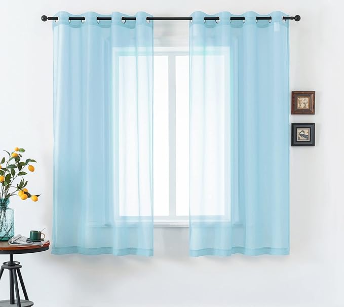 DUALIFE Sky Blue Voile Sheer Curtains Grommet,Look Semi Natural Light Flow Sheer Curtain Panels,Elegant Solid Color Touch Soft Drapes, 52X45 Inch for Living Room Bedroom,Set of 2 Panels Baby Blue