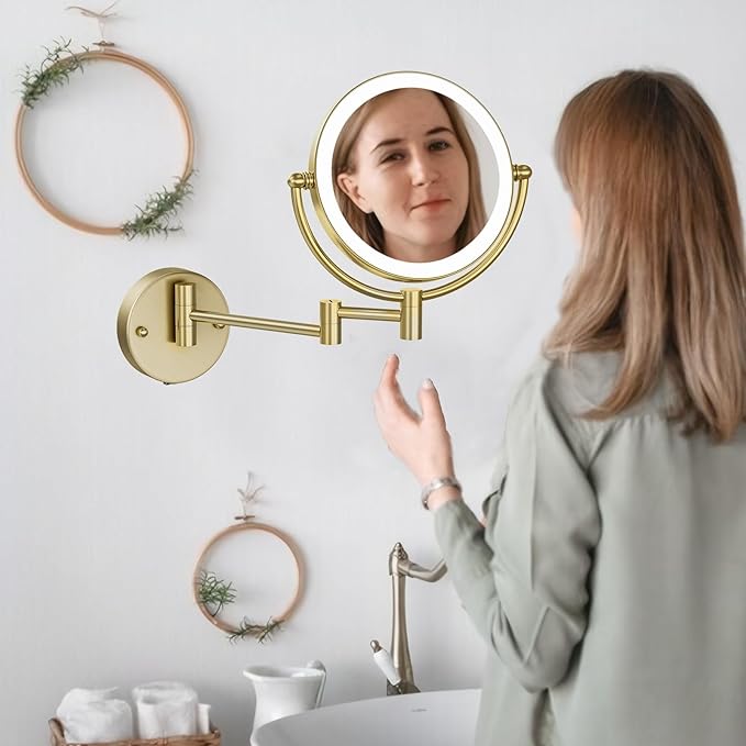 8" Make up Mirror Wall Mounted Lighted 10X Magnifying Hard Wired, Double Sides 3 Color Lighting Touch Dimming, 360 Swivel Extended Arm Shaving Light up Mirror for Bathroom, Brushed Moderne Brass
