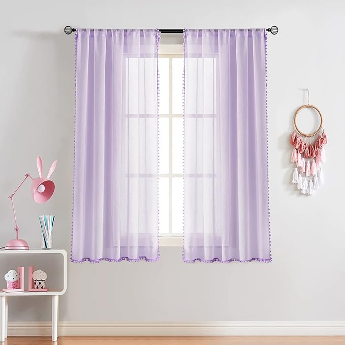 Treatmentex Pom-Pom Sheer Curtains for Kid's Room, 63" Linen Textured Volie Window Curtain Panels Lilac 52" w 1 Pair