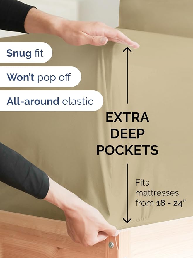 Extra Deep Split King Sheet Set - 7 Piece Breathable & Cooling Sheets - Hotel Luxury Bed Sheets Set - Easy & Secure Fit - Soft, Wrinkle Free & Comfy Sheets Set - Beige Sheet Set w/Extra Deep Pockets