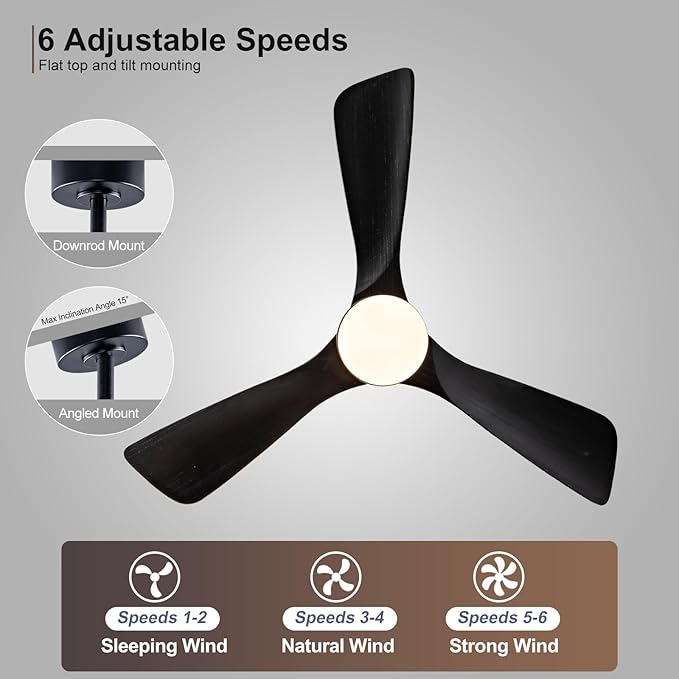 BOJUE 42 Inch Black Ceiling Fans with Lights and Remote,Dimmable LED Light,Quite Reversible DC Motor,Memory Function,Modern Solid Wood Indoor Outdoor Ceiling Fan with Light for Farmhouse Bedroom Patio