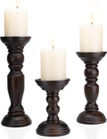 Rustic Wooden Pillar Candle Holders Set of 3, 12'' 9'' 6'' Farmhouse Wood Candle Stand for Table Centerpieces, Vintage Tall Candleholders Fireplace Mantel Decor for Living Room, Dark Brown