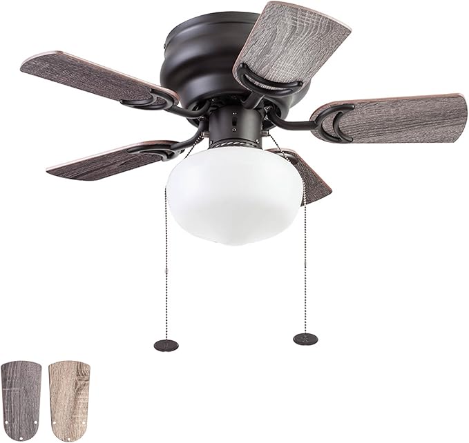 Prominence Home Hero, 28 Inch Traditional Flush Mount Indoor LED Ceiling Fan with Light, Pull Chain, Dual Finish Blades, Reversible Motor - 51655-01 (Bronze)