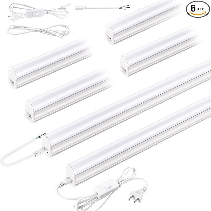 Pak 4FT LED Shop Lights, 2300LM 6500K Cool White, 20W Energy-Saving Super Bright Linkable T5 Ceiling and Under Cabinet Lighting Fixture for Garage, Workshop, Basement, Warehouse, FCC Certified, 6 Pack