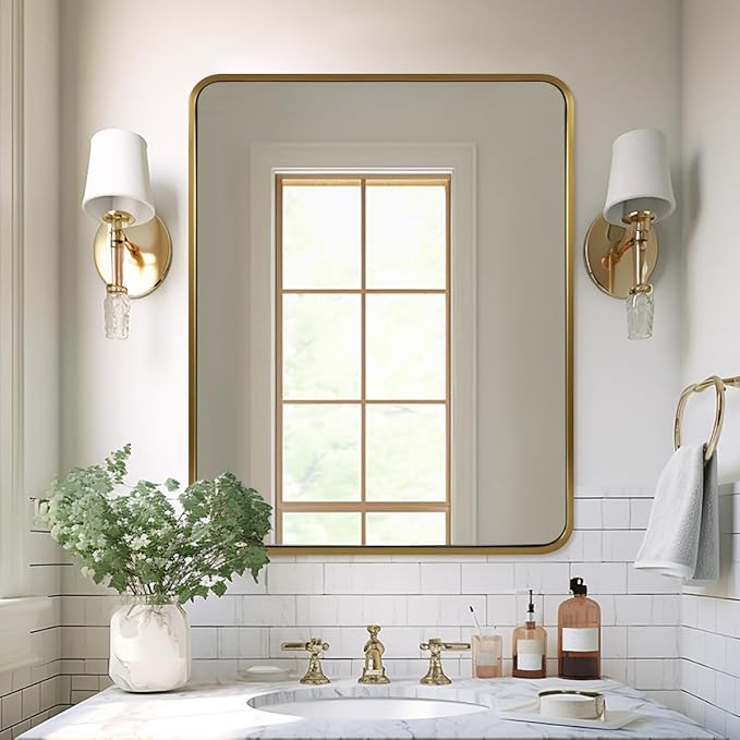 ANDY STAR 40x36 Inch Gold Bathroom Mirror, Brushed Gold Mirrors for Wall in Anti-Rust SUS304 Tube Metal Frame, Rounded Rectangle Mirrors 1’’ Deep Wall Mounted Vertically/Horizontal for Bathroom
