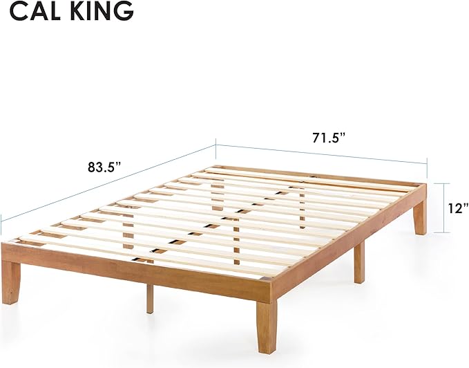 Mellow Naturalista Classic 12 Inch Solid Wood Platform Bed with Wooden Slats, Cal King, Natural Pine