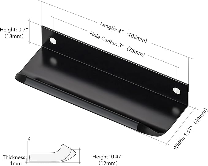 Ravinte Hardware 6 Pack Black Cabinet Handles, 4 Inch (102mm) Finger Edge Pulls, 3 Inch Hole Center, Finger Pulls for Cabinets