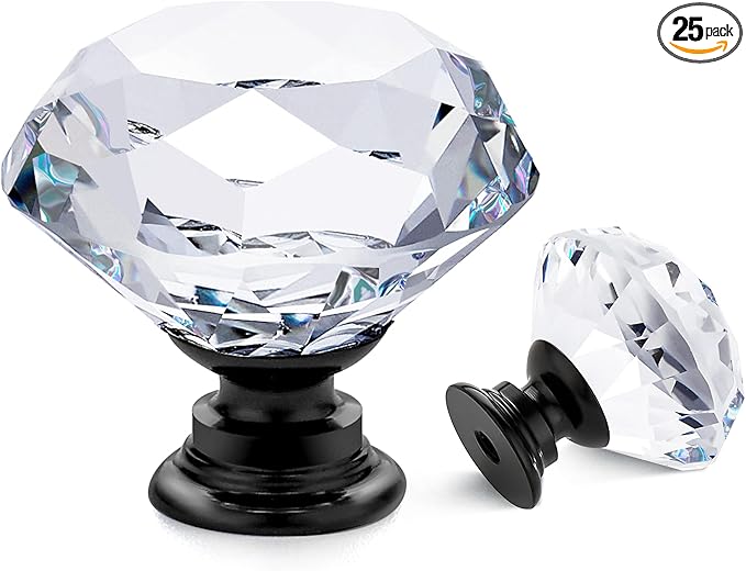 Ravinte 25 Pack Crystal Knobs for Dresser Drawers - 30 mm Glass Cabinet Knobs With Black Base, Diamond Shaped
