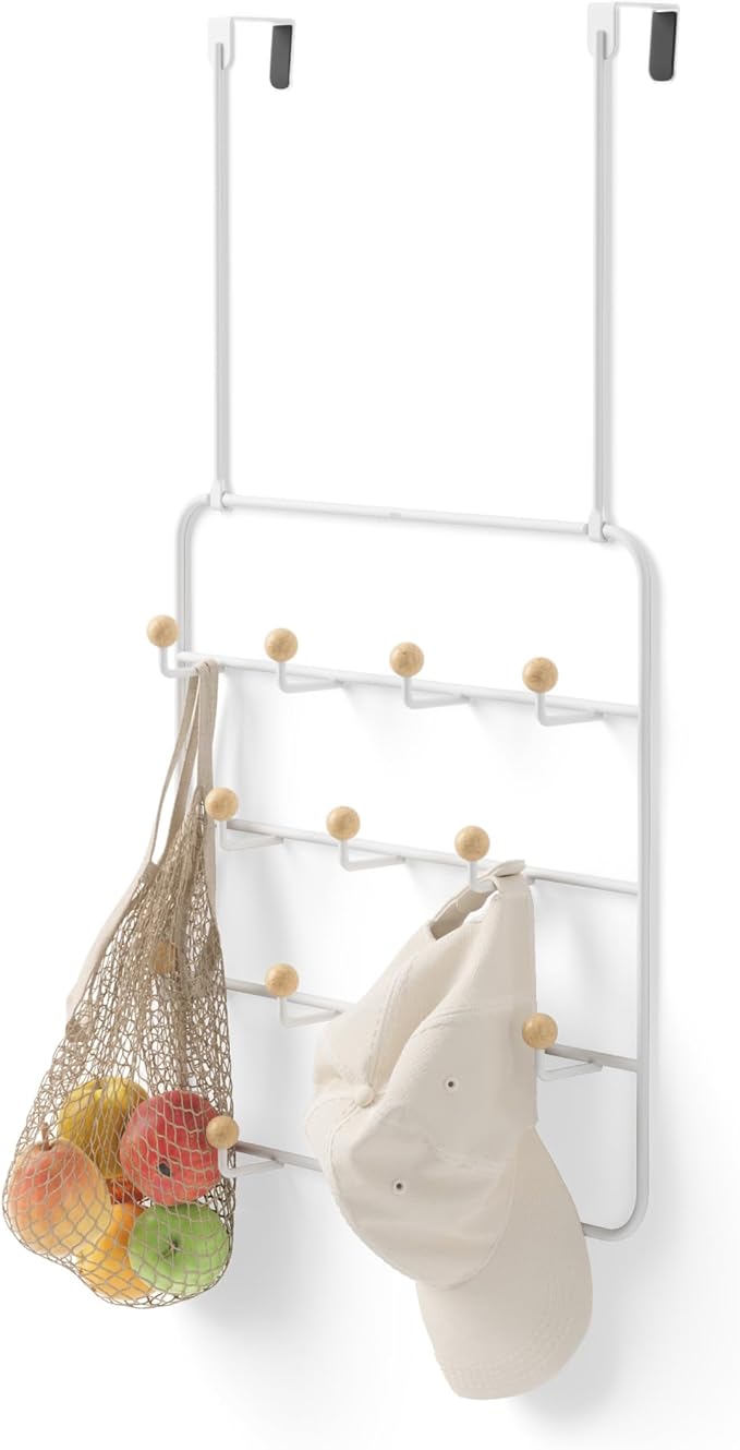 Umbra Estique Over The Door Coat Rack & Multi-Use Organizer, For Coats, Bags, Hats & More, White/Natural