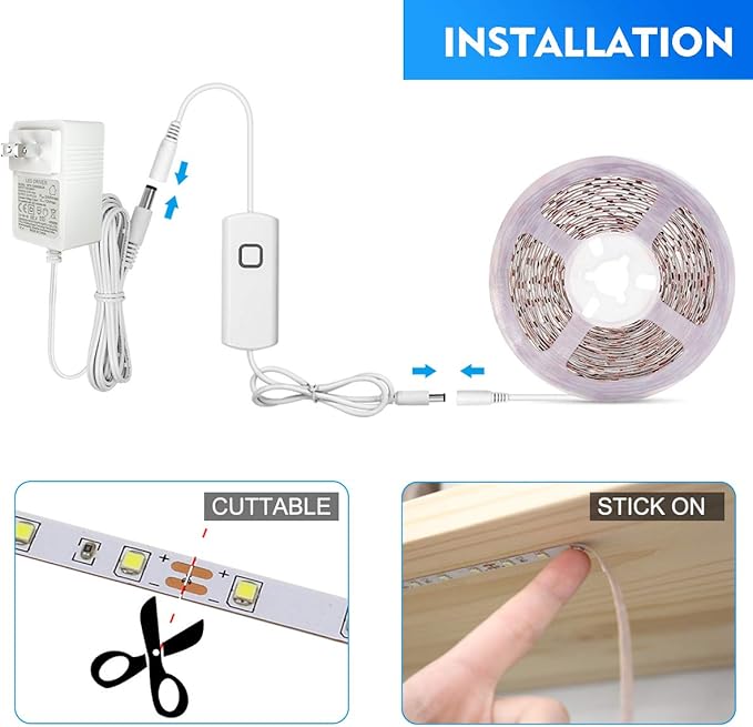 MYPLUS 50FT White LED Strip Lights, Dimmable LED Tape Light 6500K Bright Daylight White, Flexible Under Cabinet Lights with 900 LEDs and UL Listed Safety Power Supply for Room,Kitchen and décor