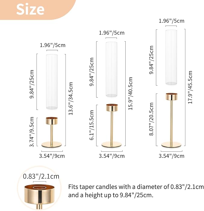 NUPTIO Hurricane Candle Holder for Candlestick: 6 Pcs Gold Taper Candlestick Holders - Tall Modern Candles Stick Decor with Cylinder Shape Cover for Dinner Table Centerpiece