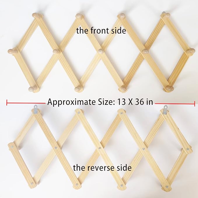 AMAPON Accordion Style Expandable Wall Wooden Coat Rack 13 Hooks (Pegs) Hang Hats Jackets Coffee Mug Purses Necklaces Towels Cap Leash Scarves Data Line Kitchenware (2 Pack)