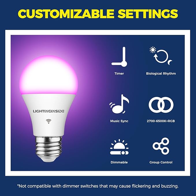 Smart Light Bulbs 10 Pack, Smart Bulb Compatible with Alexa/Google Home/Smart Life, CRI>90, RGBCW Color Changing LED Light Bulbs, 2.4G WiFi Bluetooth A19 E26 Bulb, No Hub Required, ETL Listed
