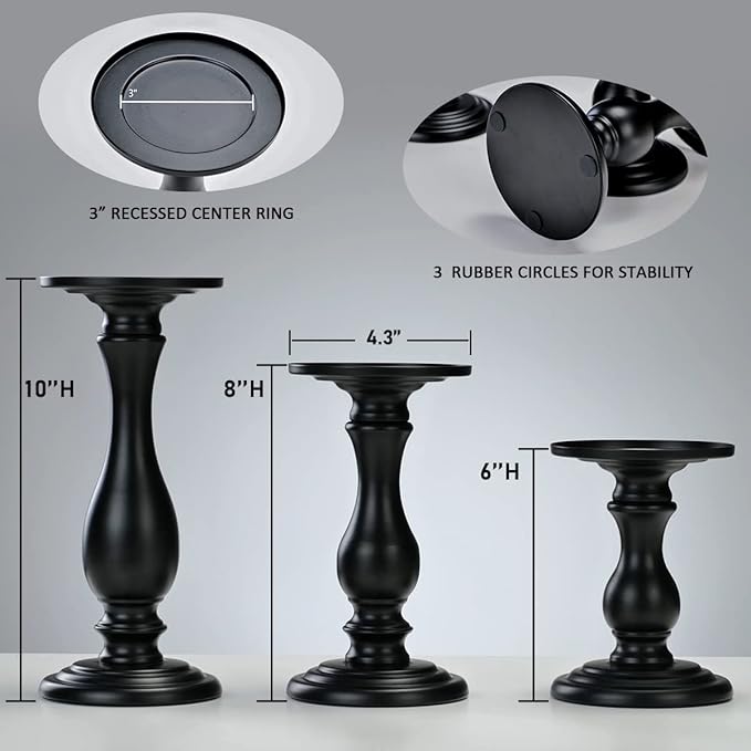 Matte Black Pillar Candle Holders Set of 3-10", 8", 6”H Candlestick Candle Holders Stand, Home Coffee Table Decor Decorations Centerpiece for Dining/Living Room