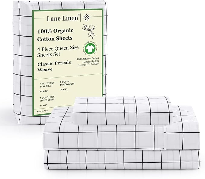 LANE LINEN Twin Sheet Set, 100% Organic Cotton Sheets Twin Size, 3Pc Twin Sheets Sets, Premium Bedding Sheets & Pillowcases, Percale Sheets, 15" Deep Pocket Twin Fitted Sheet - Windowpane