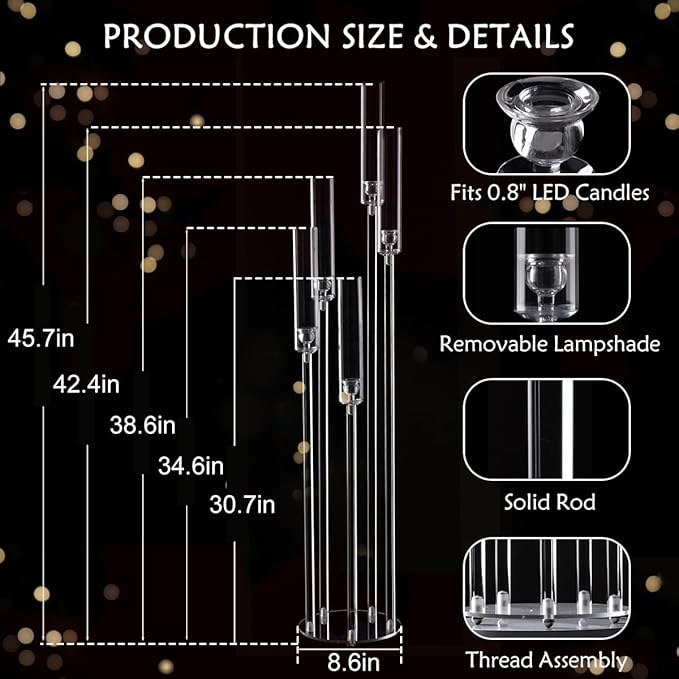 6pcs 5 Arm Candelabra,Acrylic Clear Floor Candelabra for Wedding Decor Tall Candle Holder for Table Centerpiece Ceremony Party Home Decoration, Fit 0.8 LED Candle
