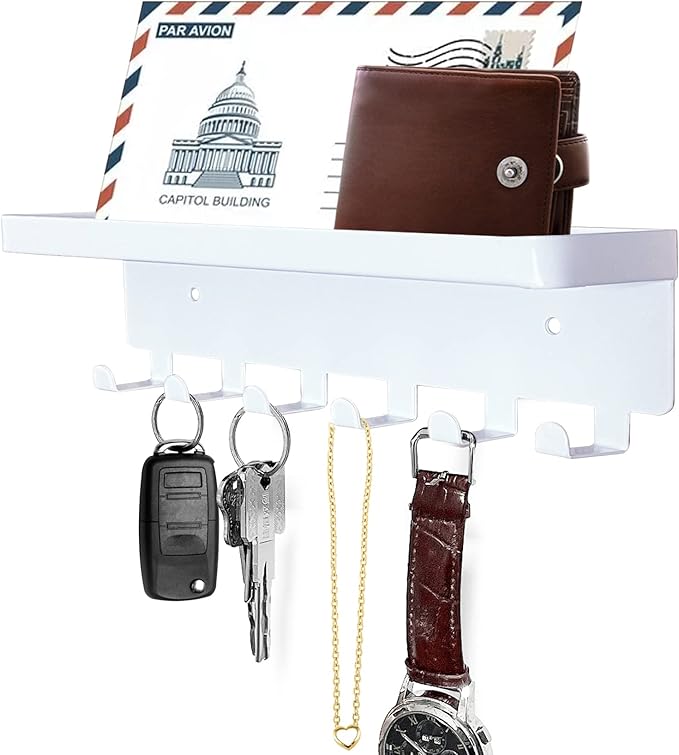 GTK Key Holder for Wall, Key Hooks with Tray and 6 Hooks, Wall Mounted Key Holder for Hallway, Key Rack with Shelf for Mail Storage (White)