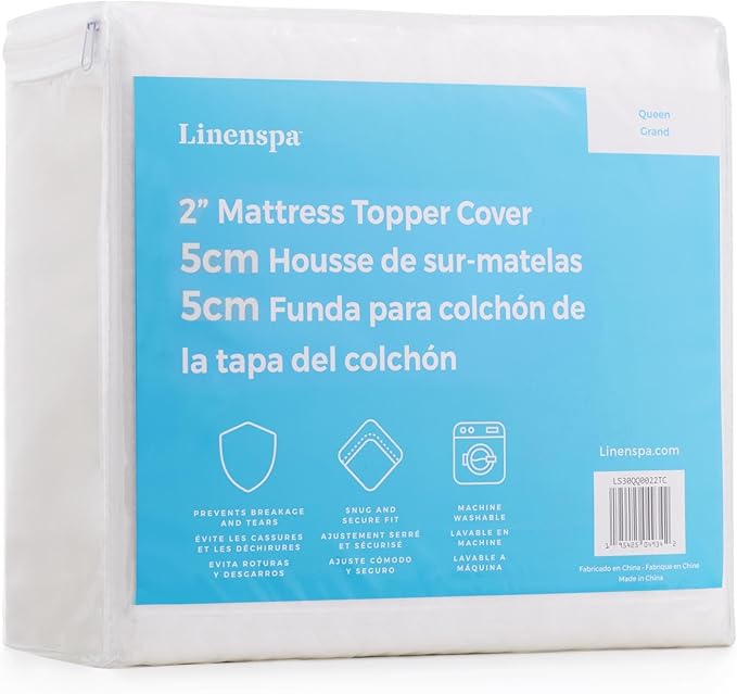 Linenspa 2 Inch Mattress Topper-Cover Queen-Cover Only-Machine Washable – Breathable – Non Slip – with Zipper,White